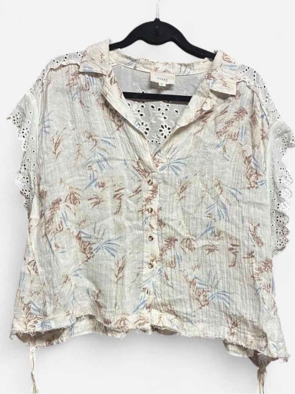Lightweight Floral Button-Down Top - Cream with Blue & Brown Print